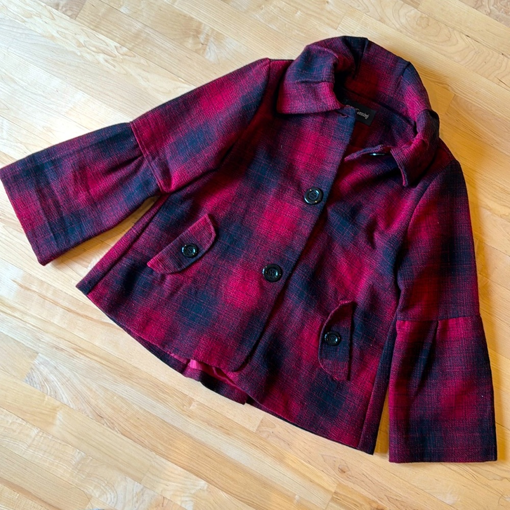Oleg Cassini Red Black Plaid Wool-Blend Flare Sleeve Cape Back Blazer Jacket, M